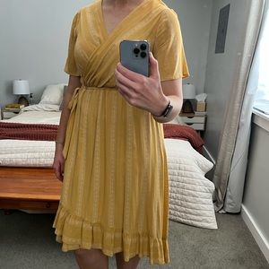 Mustard yellow flowy midi dress with striped detail